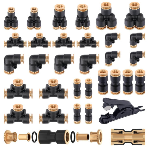 31 Piece DOT Air Brake Line Fittings Kit with brass quick connect fittings including tees, unions, elbows, splitters, and tube cutter