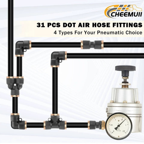 31 Piece DOT Air Brake Line Fittings Kit shown with black quick-connect hoses, 90-degree elbows, and a pressure gauge for trucks or industrial use.