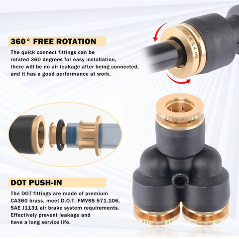 Close-up of 31 Piece DOT Air Brake Line Fittings Kit with brass 1/4 and 3/8 inch quick connect fittings, including tees and unions.