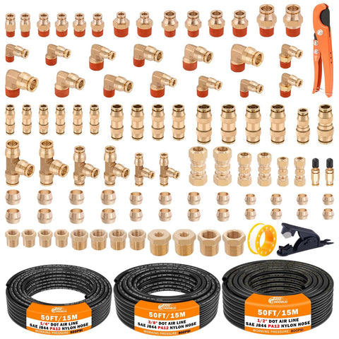 CheeMuii brass DOT air line fittings kit with 3 rolls of 50ft hoses (1/4, 3/8, 1/2 in) and assorted push-lock connectors