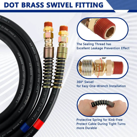 Fifteen Foot Air Line Hose Assembly With One Half Inch NPT Swivel Fittings Heavy Duty Power Hose Set shown with DOT fittings