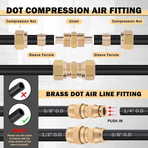 Diagram of compression and brass DOT air line fittings with measurements, part of 156 Piece Brass DOT Air Line Fittings Kit With Four 100ft Rolls