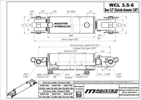 Technical diagram of ✝️ Hydraulics Double Acting Hydraulic Cylinder - Clevis End 3500 PSI, Bore 3.5", Stroke 6", Heavy Duty Clevis