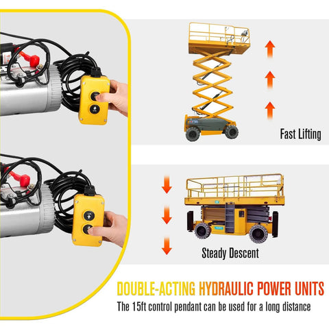 Hydraulic Pump 12V Dump Trailer Pump with control pendant, showing fast lifting and steady descent, double-acting power unit diagram.