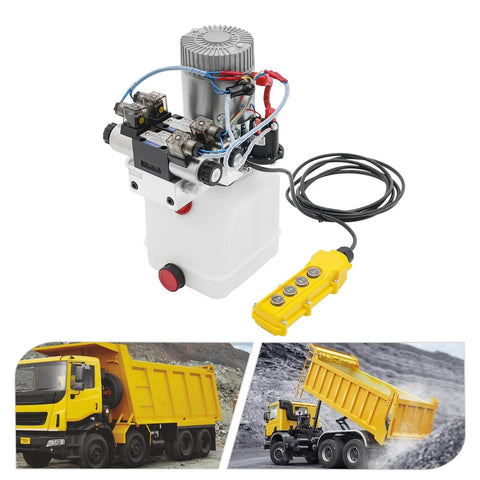 Double Acting Hydraulic Pump 12V DC 4.5 Quart Hydraulic Power Unit with controller and images of dump trucks in action