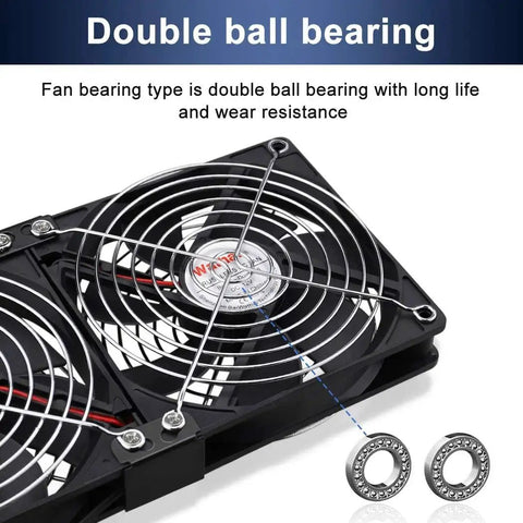 High Airflow 240mm Computer Fan Kit with Dual 120mm Fans, showcasing double ball bearing for durability and optimal cooling performance.