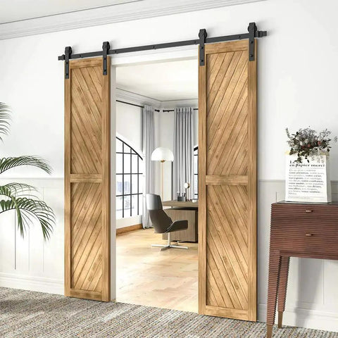 Interior scene showing wood doors with 6Ft Barn Door Hardware Kit Double Sliding Door System Black Carbon Steel Heavy Duty Track Rail.