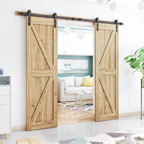 8.2FT Double Barn Door Hardware Kit for Two 24 Inch Door Panels, installed on a living room entryway, carbon steel track, natural wood doors