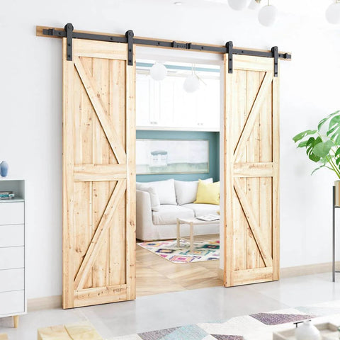 8FT Double Barn Door Hardware Kit for Two 24 Inch Door Panels installed on wooden doors, in a modern interior space.