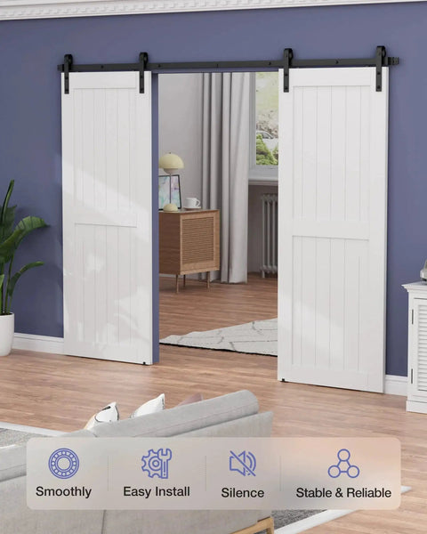 10 Ft Barn Door Hardware Kit For Double Doors Sliding Track System With Heavy Duty Black Steel Hangers installed in living room