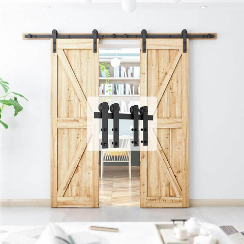 8.2FT Double Barn Door Hardware Kit for Two 24 Inch Door Panels installed in a living room. Heavy duty carbon steel sliding track.
