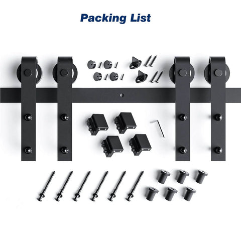 Packing list for 8 FT Double Door Sliding Barn Door Hardware Track Kit with basic J pulley and components in black finish