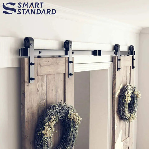 6.6 Ft Double Barn Door Hardware Kit For Sliding Doors With Smooth Quiet Track And Easy Installation Includes Detailed Installation Guide For 20 Inch Wide Door Panel J Shape Hanger Black Finish installed in home