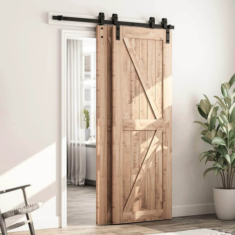 5 Feet Bypass Sliding Barn Door Hardware Kit for Double Wooden Doors with Single Track installed on wooden doors