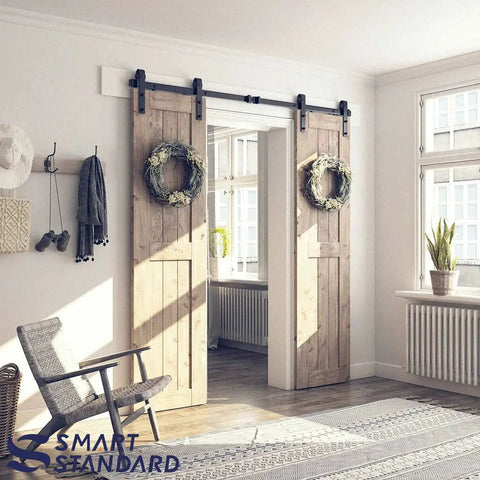6.6 Ft Double Barn Door Hardware Kit For Sliding Doors With Smooth Quiet Track And Easy Installation Includes Detailed Installation Guide For 20 Inch Wide Door Panel J Shape Hanger Black Finish installed in a living room.