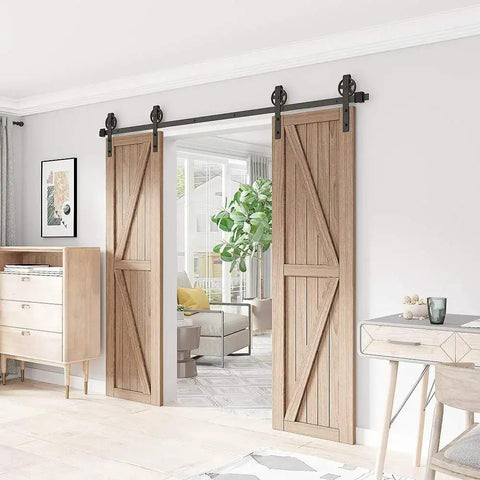 Premium Black Finish Wood Double Sliding Barn Door Hardware Kit installed in living room, showing wood doors and steel tracks.