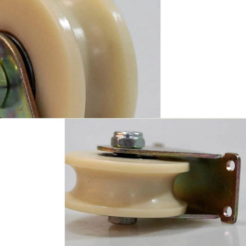 Close-up of double-bearing nylon Pulley, Pulley Wheel, Directional Sheave, Track Wheel for Round Tube on metal bracket.