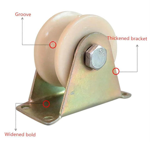 Front view of 80mm/3in double-bearing nylon pulley with directional sheave, widened bold, and thickened bracket for industrial machines.