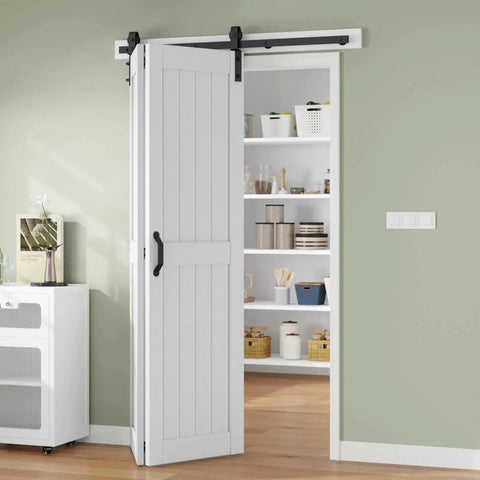 Double 24 Inch Bi Fold Barn Door Set For 48 X 84 Inch Openings With 4.3 Ft Rail And Hardware Kit Included MDF Wood Panel With PVC Surface