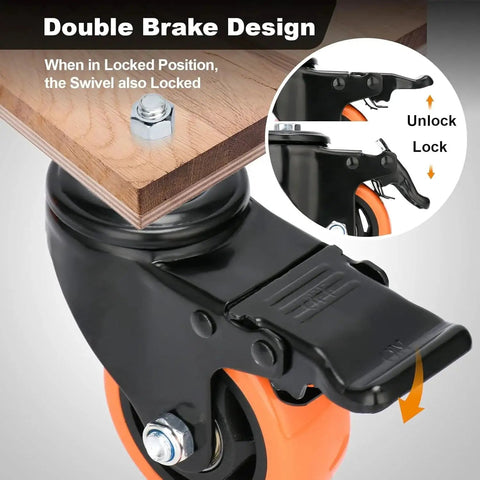 Close-up of double brake design on 3-inch stem caster with M10-1.5x25mm threaded stem for secure locking and stability.