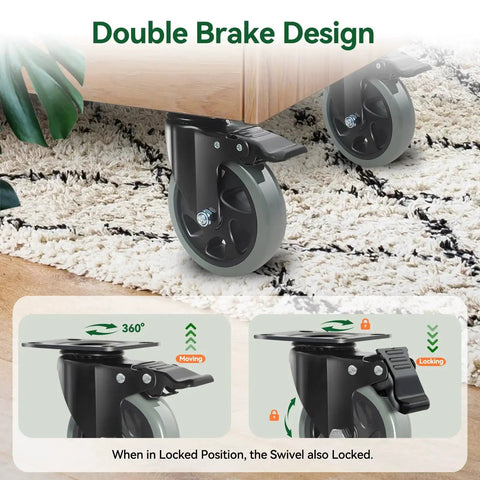 5 Inch Heavy Duty Caster Wheels Set Of 4 With Brakes installed on wooden furniture, grey polyurethane, total 2200 lbs capacity.