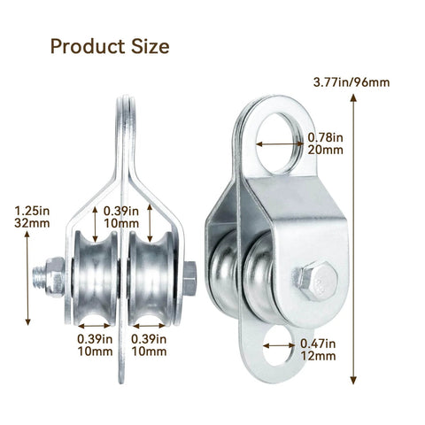Double Cable Pulley Block with Ball Bearings for 0.23 Inch/6mm Wire Rope, front and side view showing dimensions