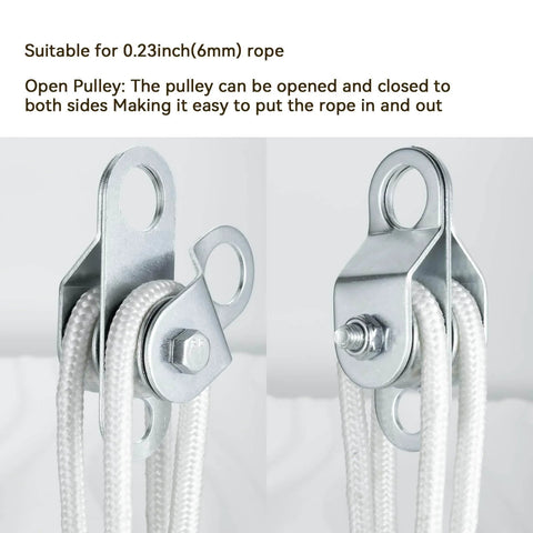 Double Cable Pulley Block with Ball Bearings for 0.23 Inch/6mm Rope, side view showing open-close mechanism