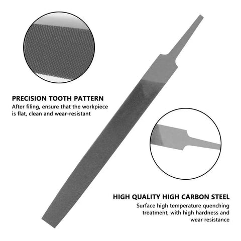 Flat Hand File With Double Cut Teeth For Wood And Metal In High Carbon Steel Designed For Shaping Deburring Smoothing And Finishing Projects Seven Point Five Inch Overall Length Six Inch File Length Six Tenths Of An Inch Wide Without Handle shown with precision tooth pattern and high carbon steel
