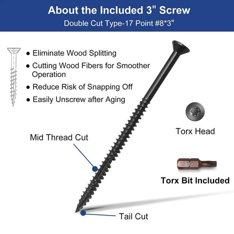 Extra Large Door Strike Plate For Heavy Duty Latch Reinforcement, includes 3-inch screw, Torx head, mid thread cut, and tail cut, matte black.