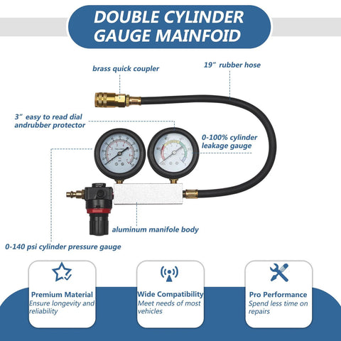 Automotive Bicos cylinder leak-down tester kit with dual gauges, aluminum manifold, brass quick coupler, and 19-inch rubber hose.