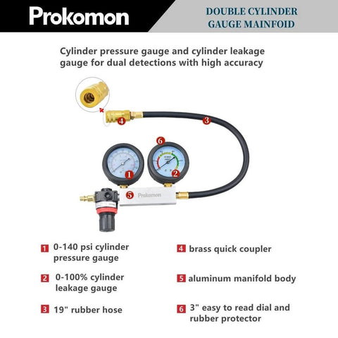 Prokomon engine cylinder leak-down tester kit with dual gauges and hose