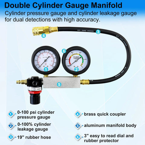 JoyFans cylinder leak-down tester kit with dual pressure gauges, red aluminum manifold, brass quick coupler