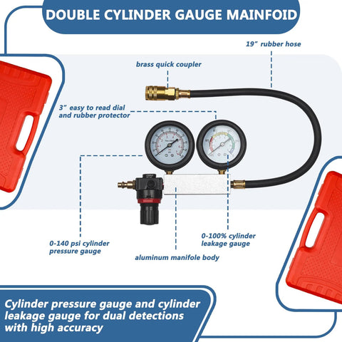 Handor dual-gauge cylinder leakdown tester kit with aluminum manifold, brass quick-coupler, and 19-inch rubber hose