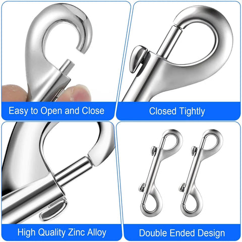 Close-up views of 15 Pack Double Ended Bolt Snap Hooks Four Point Seven Inch Heavy Duty Zinc Alloy Clips With 220 Pound Load Capacity showing design features.
