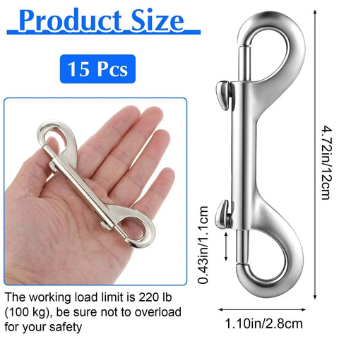 15 Pack Double Ended Bolt Snap Hooks Four Point Seven Inch Heavy Duty Zinc Alloy Clips With 220 Pound Load Capacity Ideal For Cat And Dog Leashes, shown against hand and size chart