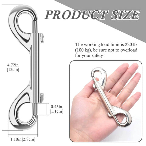 Extra Large 4.7 Inch Double Ended Bolt Snap Hooks With 220lbs Load Capacity in Zinc Alloy shown in hand for size reference.