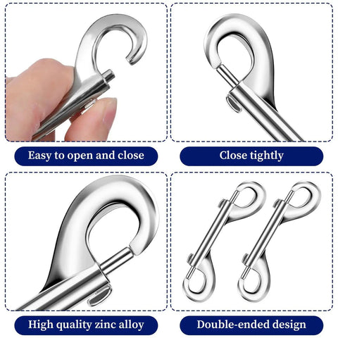 Close-up of 15 Pack Double Ended Snap Hooks 4 Inch Heavy Duty Double Sided Clips Zinc Alloy Metal Clip for farm use and leashes.