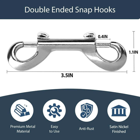 3.5 inch silver zinc alloy double ended bolt snap hook with dimensions, anti-rust features; part of 24 Pcs 3.5 Inch Double Ended Bolt Snap Hooks Silver Zinc Alloy Double Trigger Metal Clips for Linking Pet Dog Leash Collar Key Holder Water Bucket Horse Feed Hammocks 110 Lbs Capacity.