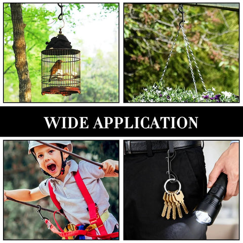 Eight Piece Set Of Double Ended Snaps 3.5 Inch Zinc Alloy Heavy Duty Bolt Snap Trigger Clips in various uses: bird cage, plant hanging, key chain, child's harness.