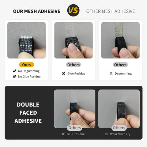 Comparison of our mesh adhesive vs other adhesives showing no glue residue and strong hold for Weather Stripping Door Seal.