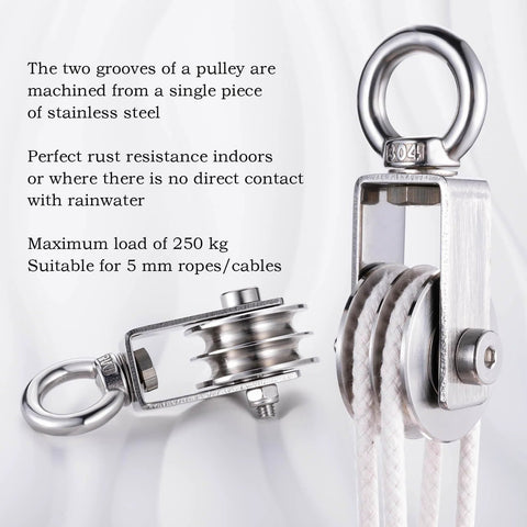 Side and front view of SHINICO Double Cable Pulley Block Heavy Duty Stainless Steel with swivel single pulley wheel.