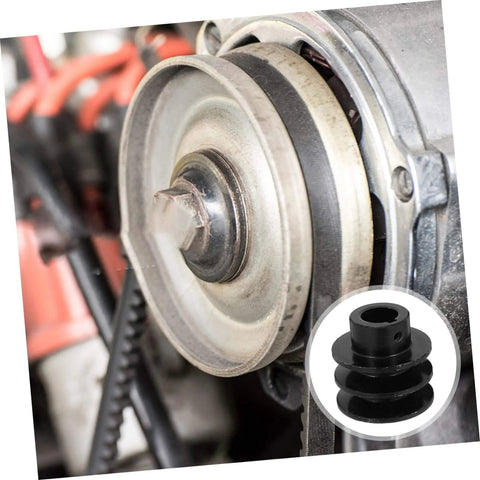 Double Groove V-Belt Pulley for Water Pump Applications Heavy Duty Cast Sheave with Simple Installation Durable Performance for Automotive Use shown installed and separately as a product shot.