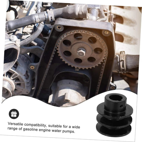 Groove Sheave Double Pulley for V-belt Water Pump Heavy Duty Cast Easy Installation for Automotive displayed next to engine