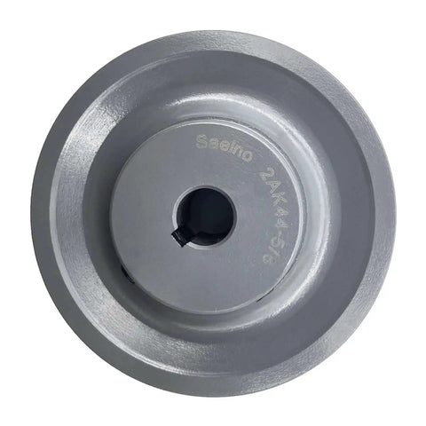 Front view of double groove belt pulley for V Belts A AX 3L 4L four point two five inch outside diameter, five eighth inch bore, cast iron.