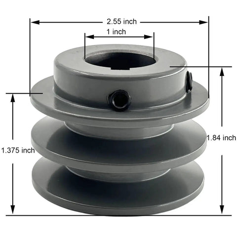 Double Groove V Belt Pulley for A AX 3L 4L Belts 2AK251 Cast Iron Sheave with 1 inch bore and 2.55 inch diameter, side view.