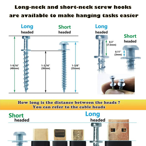 Comparison of long and short-neck headed screws from Double-Headed Bear Claw Picture Hanging Screw Hook Set For Drywall And Wood Studs.