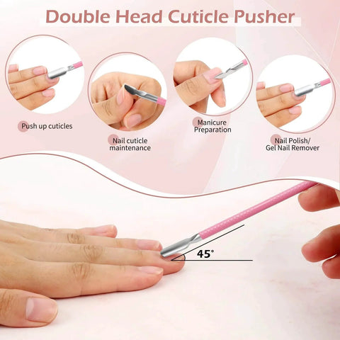 Double-head cuticle pusher demonstrating use in a nail care routine, part of Nail Clippers Set And Manicure Kit With Glass Nail File Cuticle Trimmer Travel 5 Piece Grooming Kit.