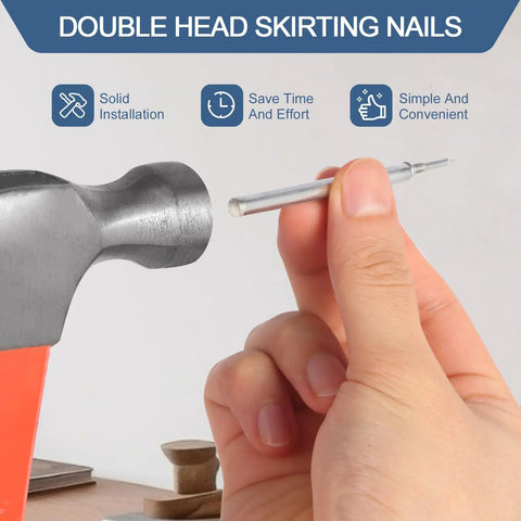 Hand holding a nail from the 400 Pcs Double Head Skirting Nails With Four Tools For Seamless Baseboard Installation In Solid Wood Trim No Pre Drill Needed Angled Driving Barrels Included For Easy Invisible Finish And Double Sided Hidden Fix kit