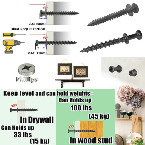 Illustration of Pro Grade Picture Hanging Screws Set with double-headed bear claw screws for various mounting, showcasing weight capacities.