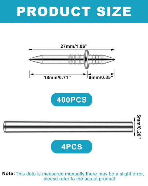 Diagram showing product dimensions of 400 Pcs Double Headed Skirting Nails With Sleeve Tools For Baseboard Trim